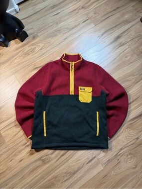 L.L. Bean Men's Burgundy and Black Zip-Up Fleece with Yellow Trim